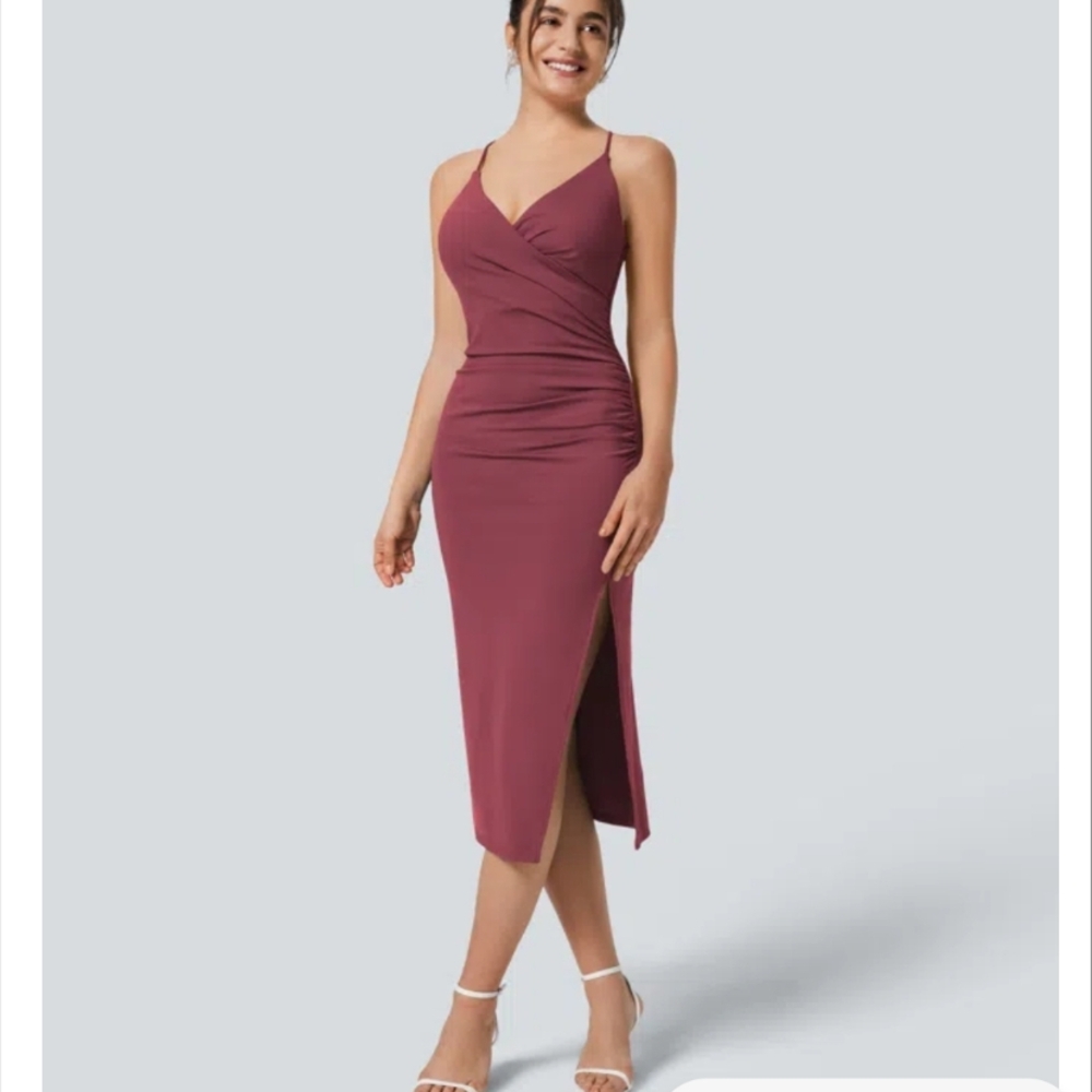 HALARA Ruched Spaghetti-Strap With Corsett Back Midi Dress in Maroon